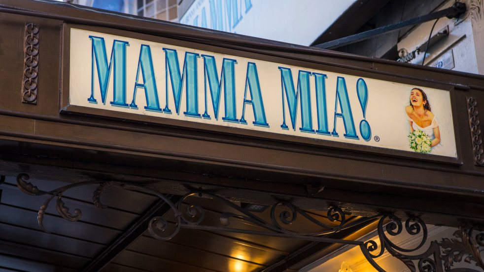 Mamma mia sign at the Novello theatre